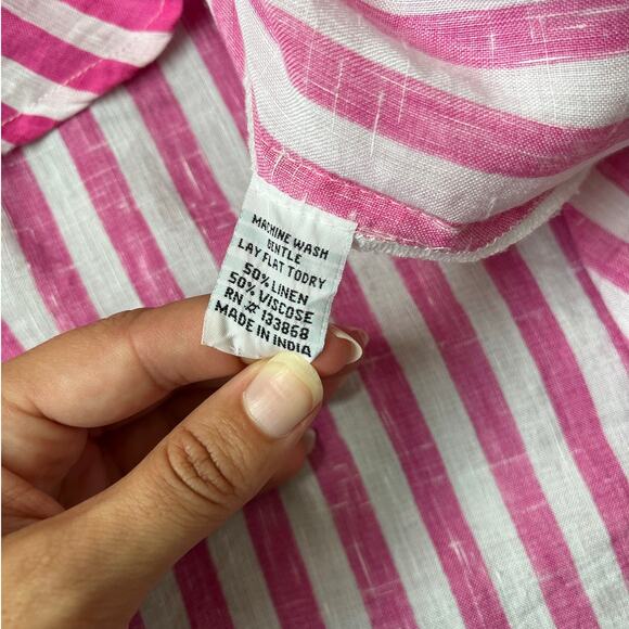 Southern Frock Linen Tunic Long Sleeves Pink White Striped Beachy Coastal Medium - Picture 7 of 10